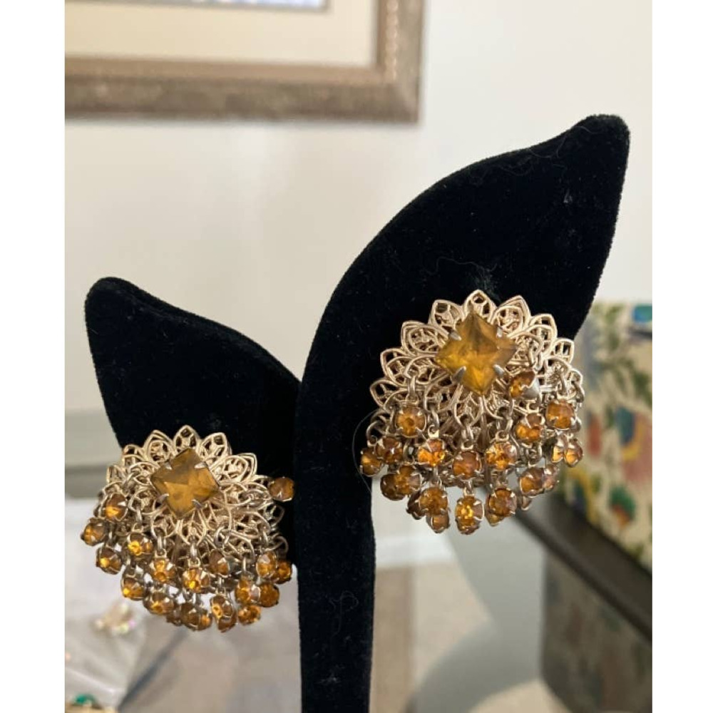 Vintage Citrine Colored Glass Stone Earrings